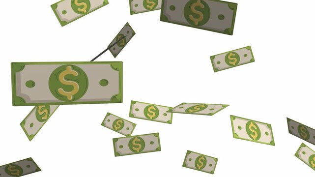 Illustration of green 3d dollar bills falling and scattering against a white background, symbolizing financial abundance, economic prosperity, and wealth creation from successful ventures
