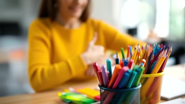 Cheerful faceless student giving thumbs up surrounded colorful school supplies bright background scene learning joy capture school energy representation defocused educational