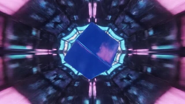 A shiny blue cube floats through a vibrant, glowing futuristic tunnel