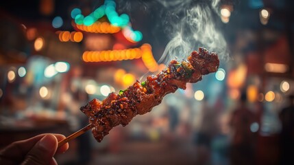 Steaming Skewer of Street Food Held Against Nighttime Bokeh