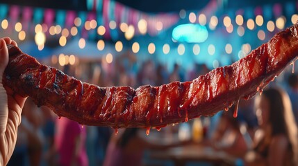 Close-up of BBQ Pork Ribs Dripping Sauce at Night Festival