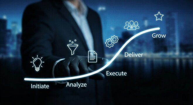 Business strategy workflow with initiate analyze execute icons on glowing digital graph for corporate management process and project success