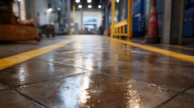 Wet tiled floor with a yellow safety line in an industrial factory
