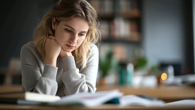 Faceless female student hands studying at table dorm room environment educational materials review residential learning space academic work session defocused room interior