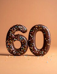 Chocolate number 60 covered with nonpareils and sprinkles on solid background. Photo for birthday or anniversary party