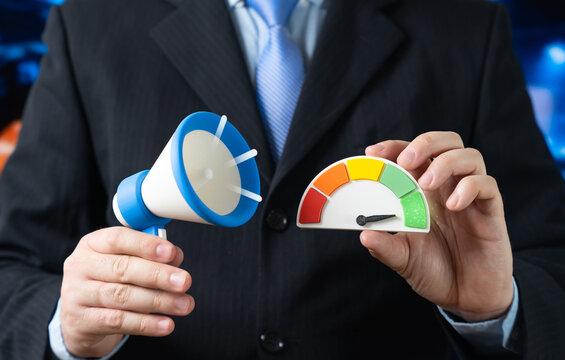 The megaphone and the effectiveness scale. High advertising effectiveness. Effective propaganda. Media influence shapes opinion. Marketing analytics track reach and persuasion impact.