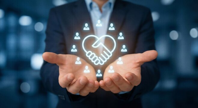 Hands holding glowing handshake heart icon with people network for partnership trust, business collaboration, community support and social connection