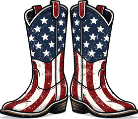 USA Flag Western Cowboy Boots Distressed Vintage Illustration