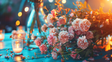 Pink carnations with candle lights evening scene