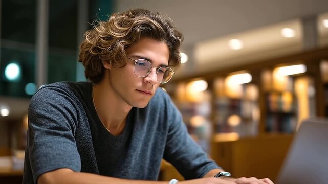 Faceless young man studying in library focused on laptop amidst bookshelves serene environment enhances concentration learning experience academic work session defocused libra