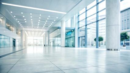 Fototapeta premium A large, empty, modern office building lobby with white walls and floor-to-ceiling windows and columns