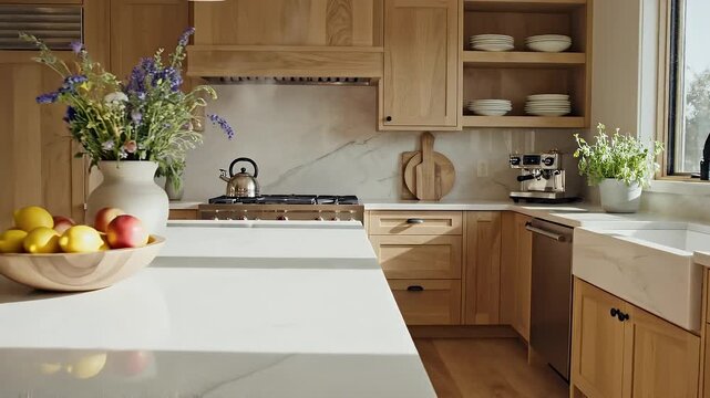 Bright Natural Oak Wood Kitchen Interior Design with Center Island