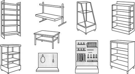 Hand drawn retail display furniture collection including shelves racks counters showcase stands and shop fixtures outline illustration set © Rahul