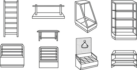 Hand drawn retail display furniture set including shelves racks counters showcase stands and shop fixtures outline illustration collection © Rahul