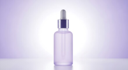 Clear glass dropper bottle with transparent cap placed on light reflective surface