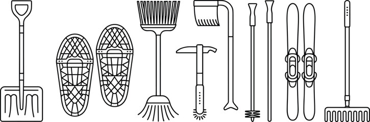 Hand drawn winter outdoor tools and equipment including shovel snowshoes rake ice axe skis poles and broom illustration set © Rahul