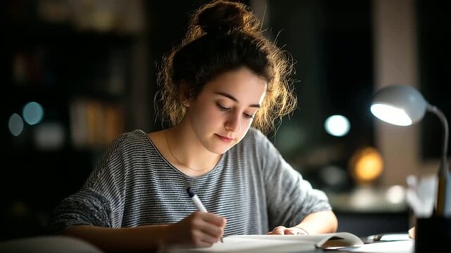 Lifestyle portrait daily life home nighttime study session desk lamp focused student open notebook handwritten notes authentic dedication defocused room background with copy