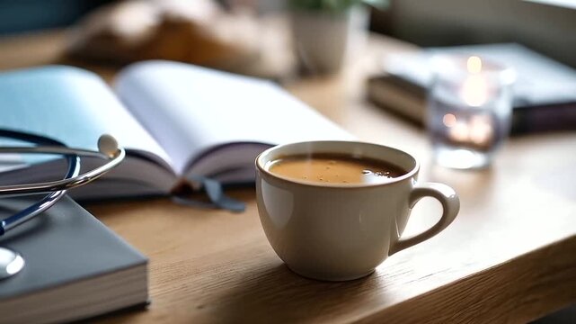 Medical student study desk with stethoscope notebooks coffee mug display still life photo arrangement healthcare education materials academic workspace setup defocused surface