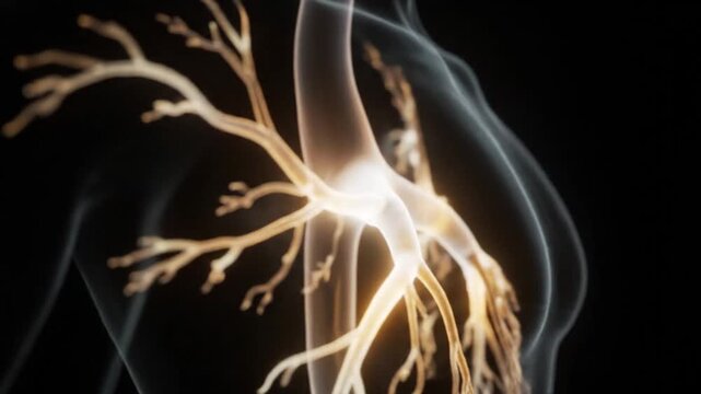Abstract glowing internal human anatomy with branching structures on a dark background, representing a biological system.