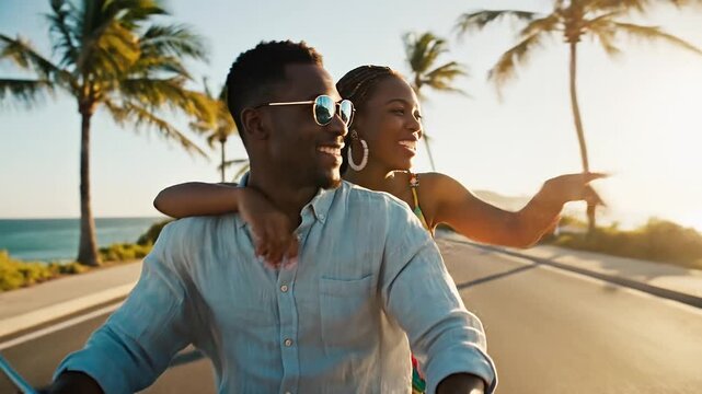 Happy Couple Riding a Scooter on a Sunny Coastal Road with Palm Trees and Ocean