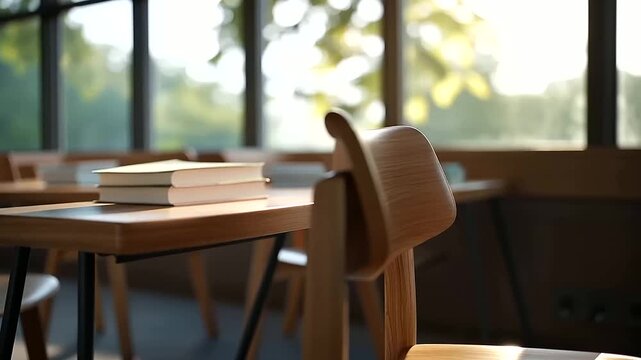 Sunlight streams into empty classroom visualization rows of wooden desks chairs educational space illustration learning environment display academic facility interior