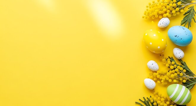 Colorful easter eggs nestled among green pine branches on a bright yellow background.