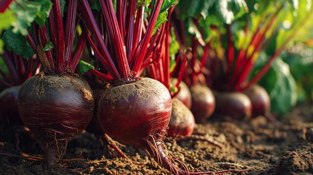 Fresh organic beetroots with vibrant green leaves growing in soil in a cultivated field. Beet planting in the plantation. Sustainable agriculture. Food production, healthy eating. Summer warm sunlight