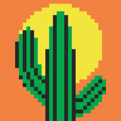 Pixel art illustration of a green cactus with sun in retro 8-bit style. Bright pixelated desert plant symbolizing summer, heat, nature, and minimal aesthetic.