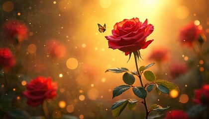Obraz premium Red rose blooms in sunlit garden with butterfly. Soft golden light, bokeh effects, and blurred flowers create magical atmosphere. Nature scene perfect for romance.