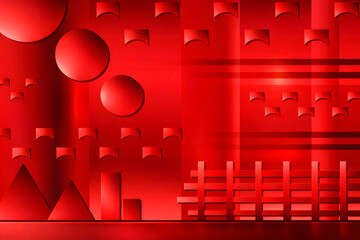 赤色の未来都市と抽象幾何学の背景
