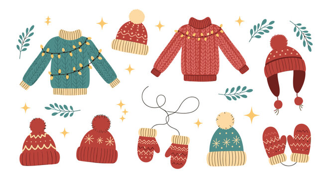 Collection of winter themed apparel illustrations including cozy sweaters, warm hats, and mittens in red and teal.