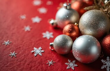 Holiday decor group of silver and gold balls with snowflakes on red surface. Christmas ornaments sparkle, festive New Year background, winter celebration.