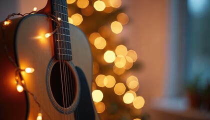 Fototapeta premium Acoustic guitar with warm festive lights, ideal for Christmas music and holiday celebrations. Gentle glow creates cozy atmosphere, perfect for seasonal events or winter parties.