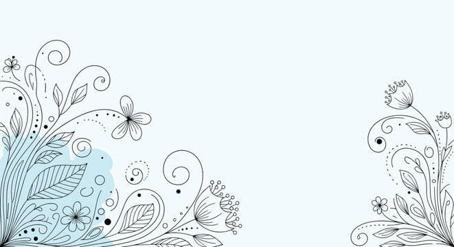 Delicate floral corner and side decorations in black line art with light blue watercolor style spots for card.