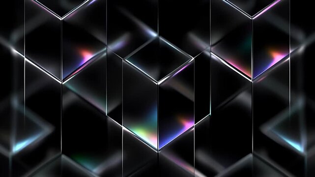 Abstract 3D cubes with rainbow reflections on black background.