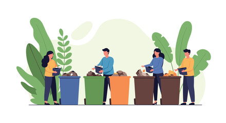 Group of people actively sorting trash into color coded recycling bins in front of lush green plants for environmental awareness.