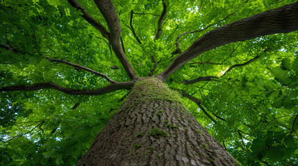 Fototapeta premium A tree with green leaves and a mossy trunk