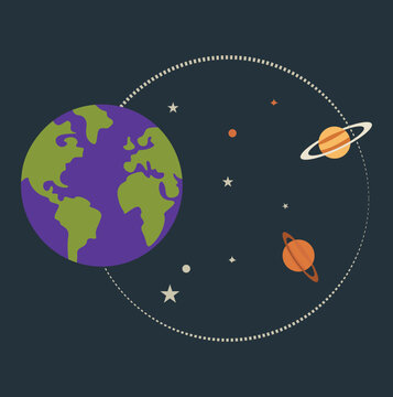 Space exploration concept illustration. Scene with planet Earth, orbiting planets and stars representing solar system and outer space universe. Vector illustration.