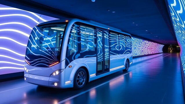 Sleek autonomous shuttle bus driving through a vibrant, futuristic tunnel with dynamic blue and purple light patterns