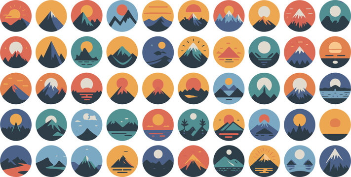 Collection of flat landscape icons with mountains sun and water in circles for travel and nature theme