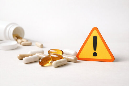 medical capsules and supplements spreading from an open bottle next to a yellow triangle warning sign symbolizing health risks, drug safety and potential dangers in medication use