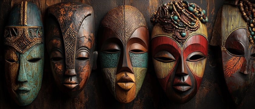 Five carved wooden masks with unique designs and colors are lined up in a row. They display intricate details and cultural artistry.