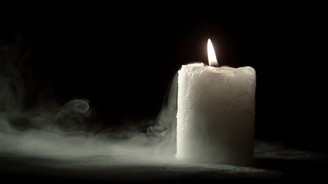 white candle burning in the dark with smoke and light flame