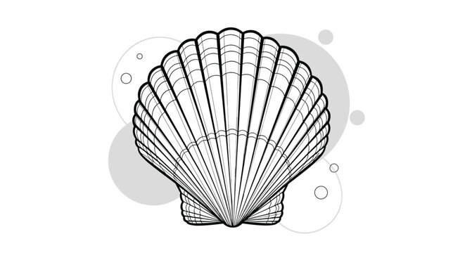 Detailed line art illustration of a fan-shaped seashell with intricate ridges and patterns against a background of soft grey circles.