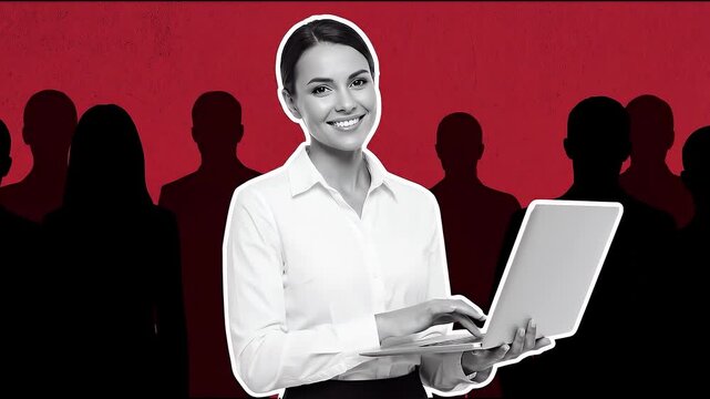 Confident Businesswoman with Laptop Standing Out from the Crowd