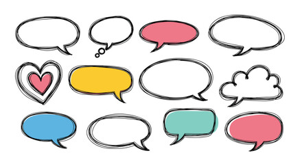 Obraz premium Collection of colorful hand drawn speech bubbles and a heart shape in various styles for comics, chat, and communication.