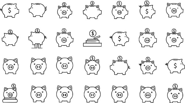 Collection of Piggy Bank Icons with Dollar Signs and Coins for Financial Saving and Investment Concepts