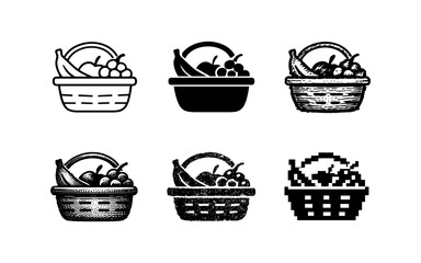 Collection of fruit basket icons in various artistic styles and textures