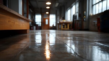 A low angle shot of a polished damp workshop floor reflecting the warm glow of overhead lights and diffused daylight from industrial