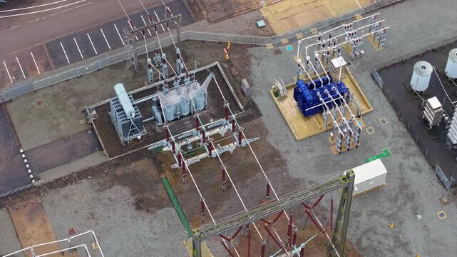 Aerial view of the Enderby Substation National Grid showing the arrangement of the transformers and electrical equipment, Enderby, Enderby, United Kingdom.